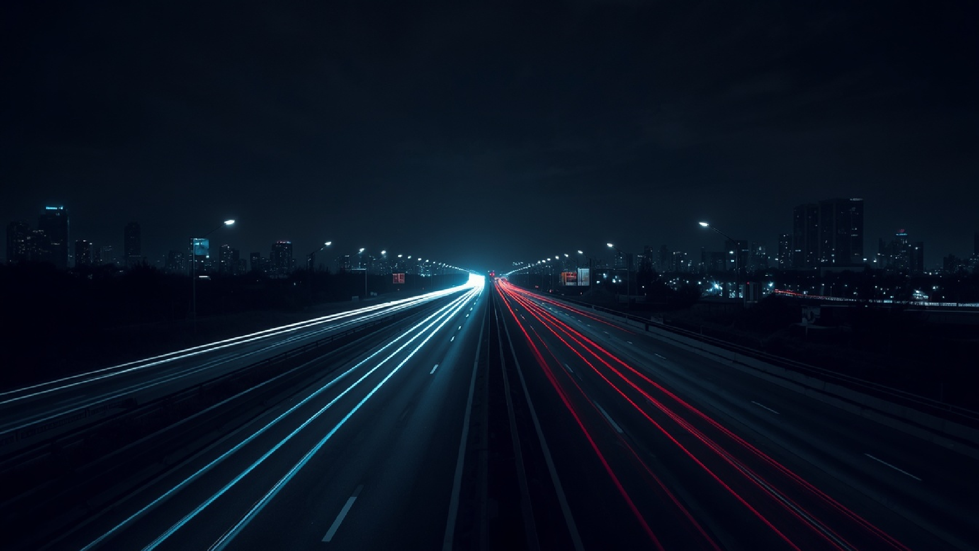  Night city highway with neon lights stretching